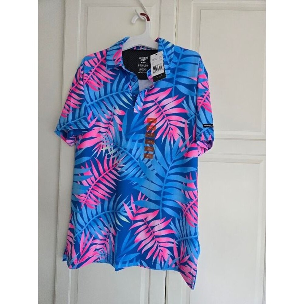 Members Only Blue Pink Leaf Print Short Sleeve Polo Shirt - Mens SMALL - New